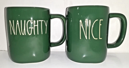 2 Rae Dunn Artisan Coll. by Magenta Green NAUGHTY & NICE 18 oz. Coffee Mugs