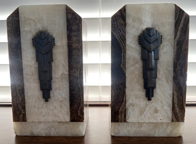 Art Deco Marble Bookends with Aztec-Inspired Stylized Figures