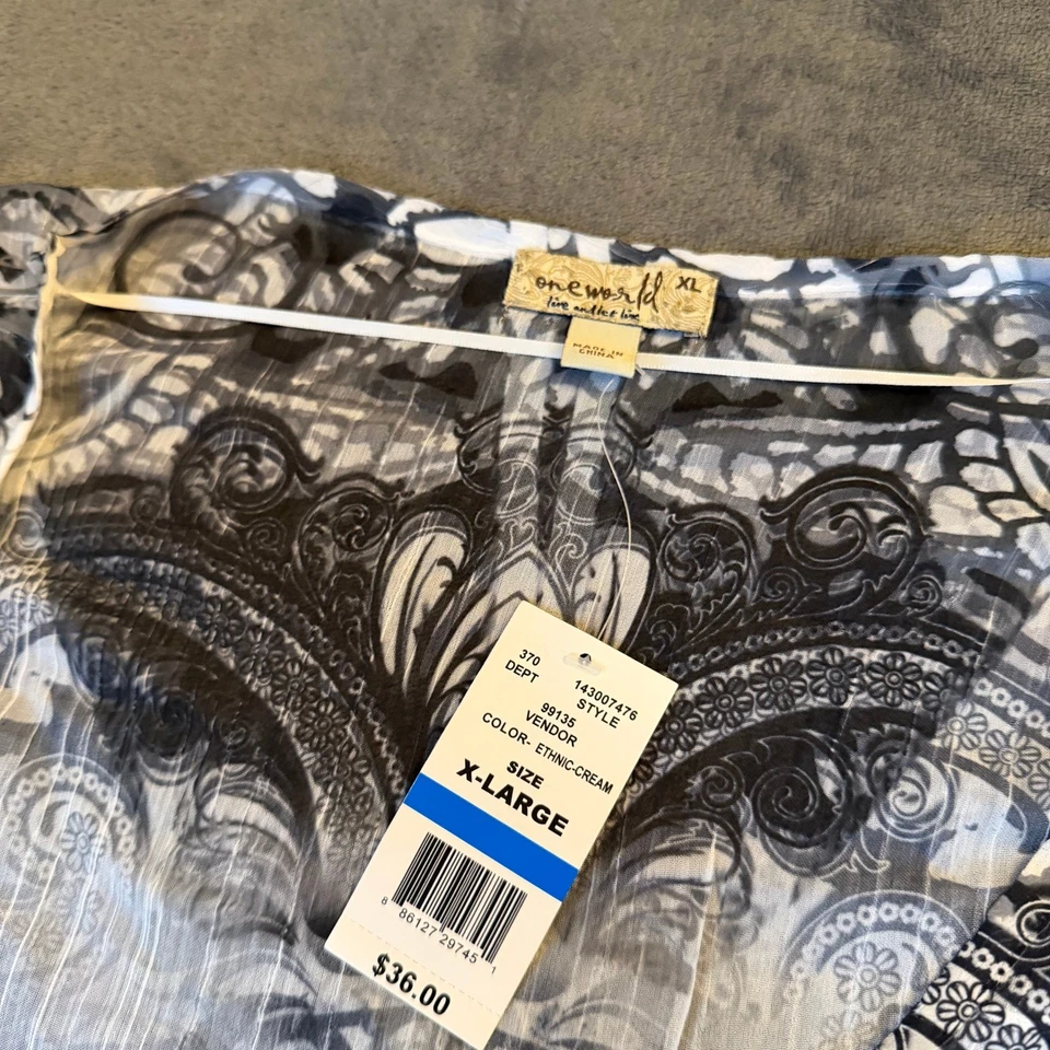 Top túnica One World étnico crema estampado cachemir superpuesto transparente para mujer XL NUEVO CON ETIQUETAS Foto 3 de 4