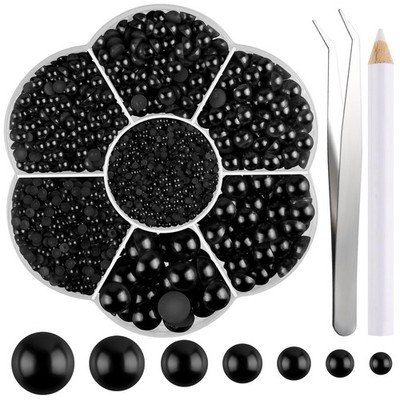 6480pcs Black Flat Back Pearl HalfRound Beads 7 Sizes for Crafts & DIY