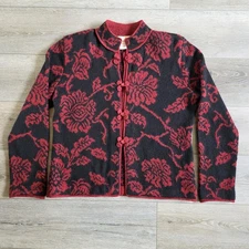 VTG Norm Thompson XL Alpaca Cardigan Sweater Jacket Hand Loomed Floral Black