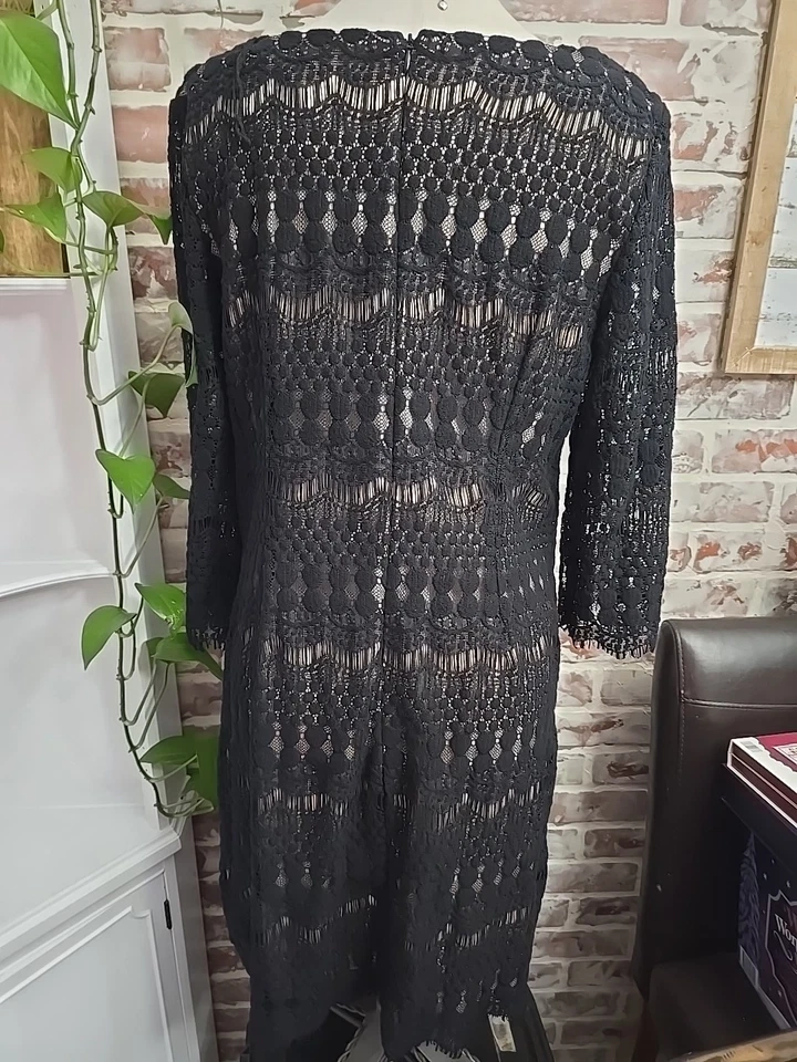 Vestido para mujer Ronnie Nicole talla 12 negro encaje forro nude mangas 3/4 Foto 4 de 4