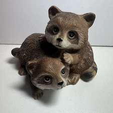 Homco Baby Raccoons Ceramic Figurine Model # 1454 Taiwan