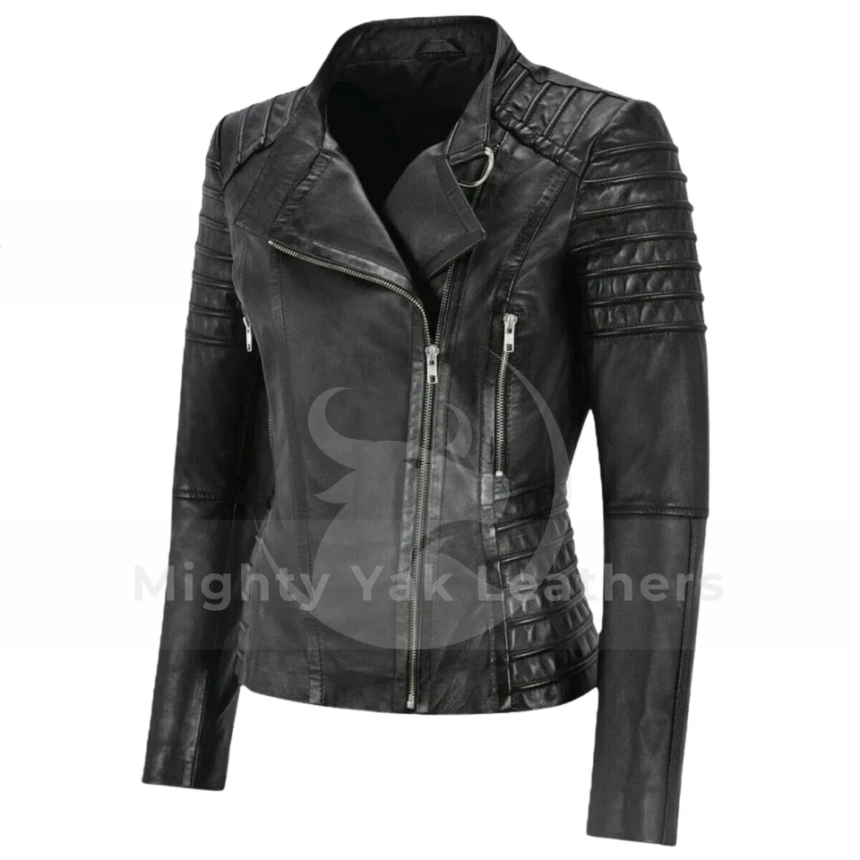 Women's Genuine Black Soft Cowhide Leather Jacket Cafe Racer Biker Motorcycle - Image 2 of 4