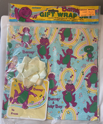 Vintage Barney and Baby Bop Gift Wrap bow and tag set 1992 Lyons Group