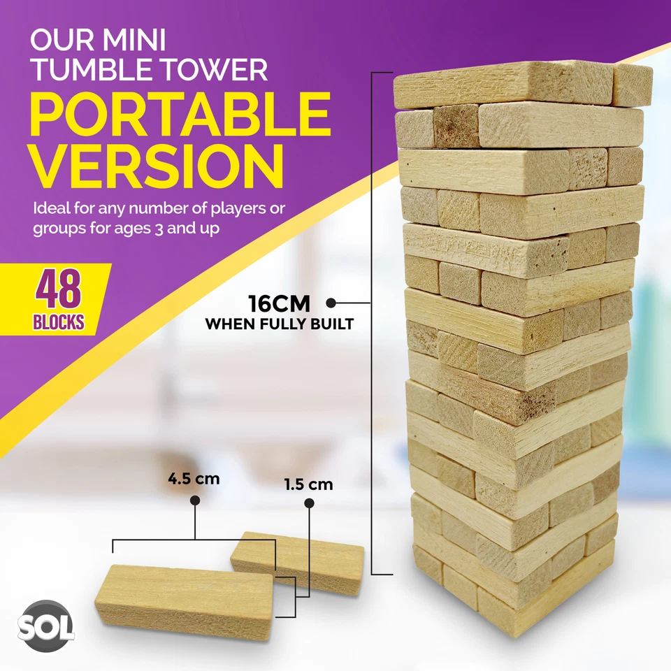 Wooden Tumbling Tower Game Traditional Stacking Family Kids Travel Friendly Mini - Image 3 of 4