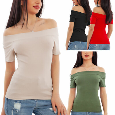 Carmen Damen Shirt Ripp Top Schulterfrei Basic Tailliert TOOCOOL VB-9170