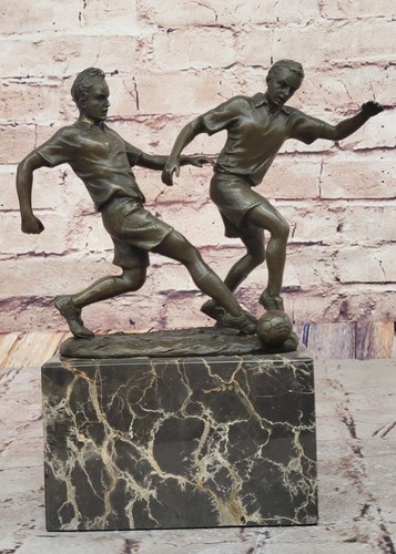 VINTAGE ART DECO BRONZE SCULPTURE STATUE SOCCER BALL CUP PLAYER MARBLE BASE ART - Picture 4 of 10