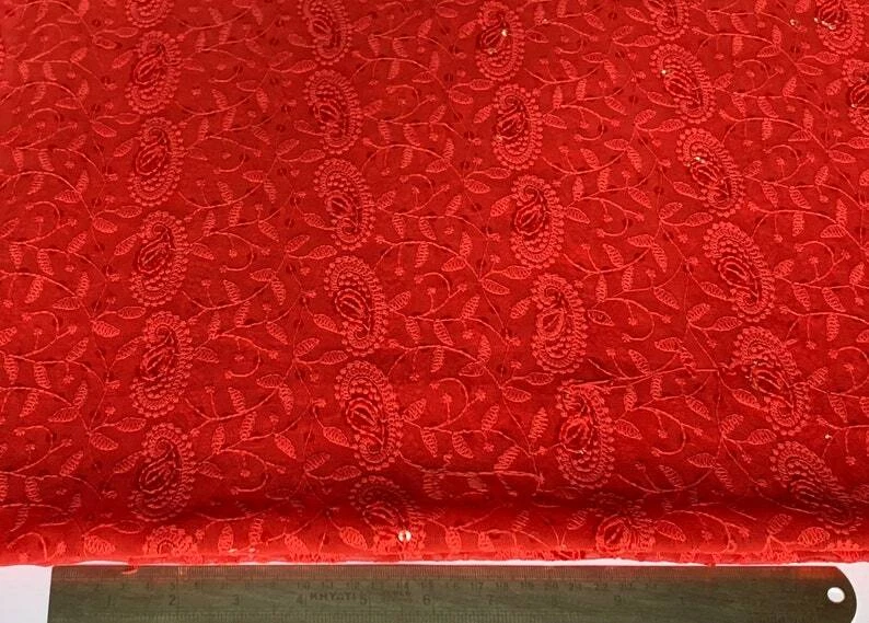Темно-красная прозрачная ткань с вышивкой | Продажа по размеру ткани | Маленькие мотивы пейсли - Изображение 2 из 4