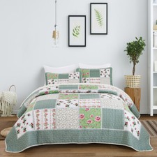 3 Piece Patchwork Quilted Bedspread Throw Bedding Pillowcases Double King Size