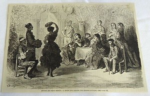 1882 magazine engraving ~ GYPSY GIRL DANCING THE ZORONGO IN SPAIN