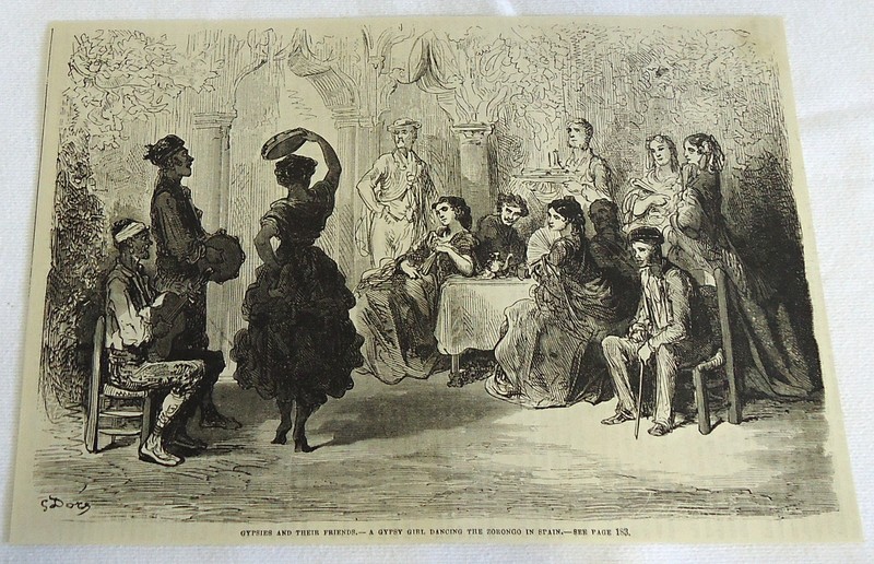 1882 magazine engraving ~ GYPSY GIRL DANCING THE ZORONGO IN SPAIN
