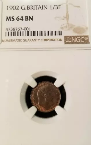 1902 GREAT BRITAIN 1/3 FARTHING MALTA ISSUE NGC MS 64 BN HIGH GRADE BEAUTY