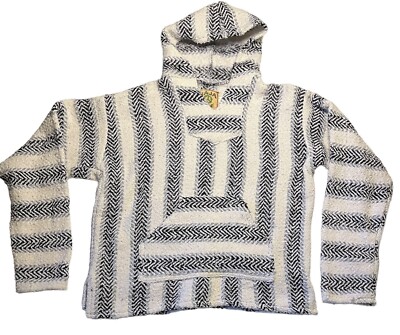 Baja Joe mens L pullover Mexico surfer  hoodie white with gray/black stripes VG