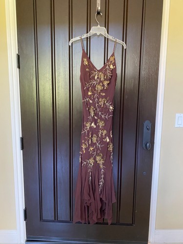Sue Wong Silk Dress Beaded Evening Gown Brown Gold Floral Sz 6 4 long Midi  J6 | eBay