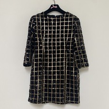 Boohoo Sequin Grid Check Mini Dress Size 10 Black Gold