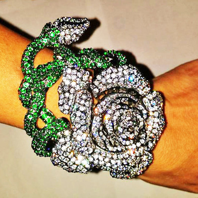 JARIN Large Rose with Green Stem CZ Bangle Bracelet