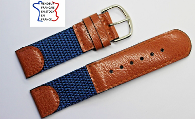 Bracelet De Montre 18mm - Tissu Noir Et Cuir Marron, Surpiqué, Doublé Cuir, Neuf