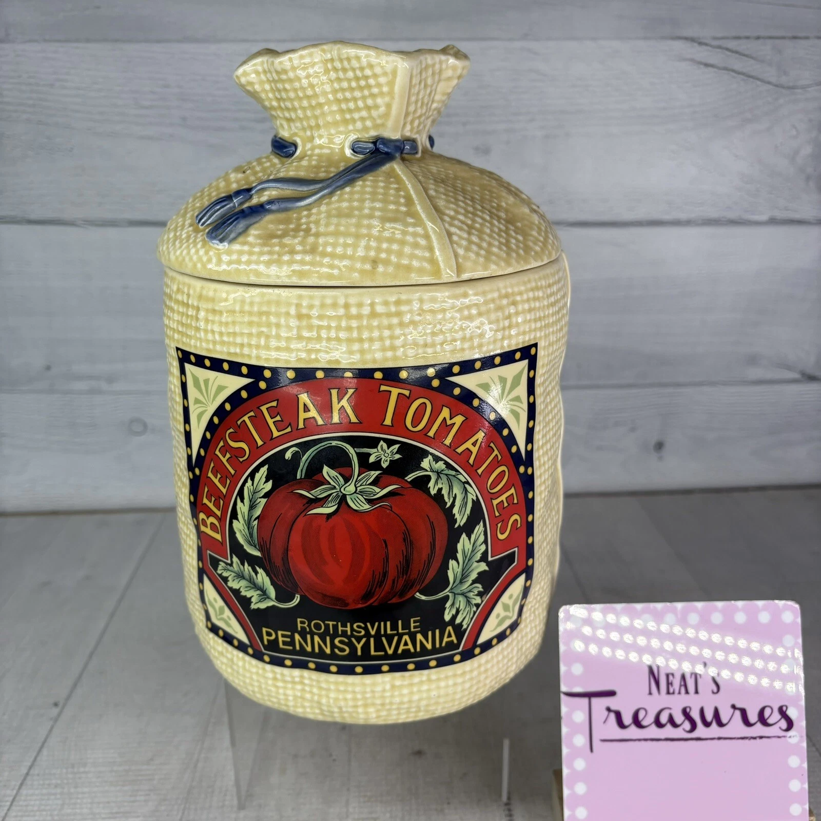 H & HD 1988 BEEFSTEAK TOMATOES Burlap Sack Mexico Ceramic Farmhouse 10" Canister