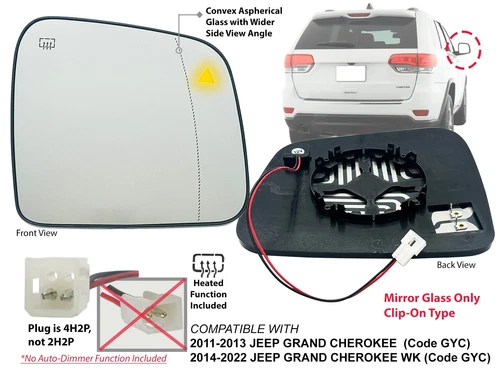 Mirror Glass For 2011-2022 JEEP GRAND CHEROKEE Heated with BSD Passenger Side