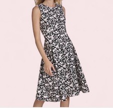 Calvin Klein Black & White Floral Print A-line Fit & Flare Dress Sz 4 NWT $134