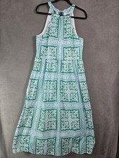 Talbots Womens 14 Halter Maxi Dress Medallion Tiles Print Boho Blue Green Sun 