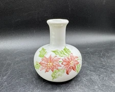 Vintage DANSK Poinsettia Flowers Ceramic White Mini Bud Vase Handpainted 2.5”
