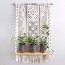 Macrame Wall Hanging Shelf, Handmade Indoor Boho Pot Basket Hanger Holder, Ro...