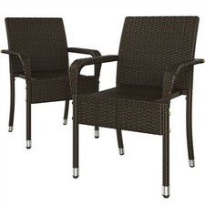 Set of 2 PE Outdoor Rattan Chairs with Armrests & Adjustable Footpads for Garden