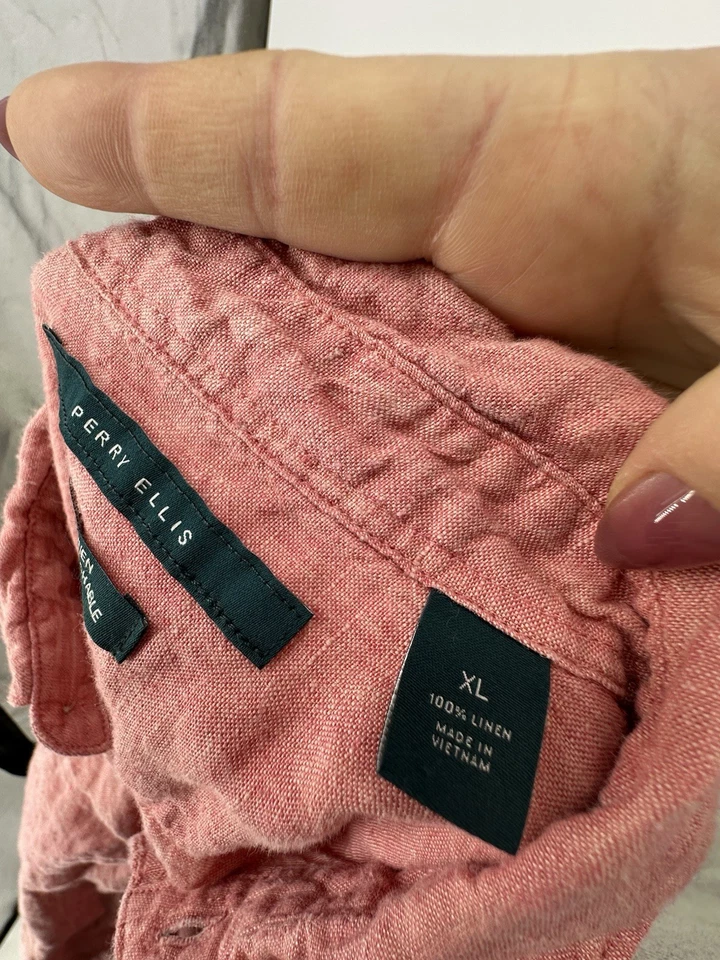 Perry Ellis XL Men Button Up 100% Linen Shirt Short Sleeve 53-15 - Image 4 of 4