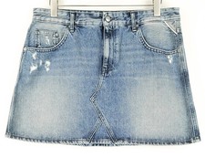 REPLAY Women Skirt W32 Blue Pure Cotton Washed Distressed Denim Mini *
