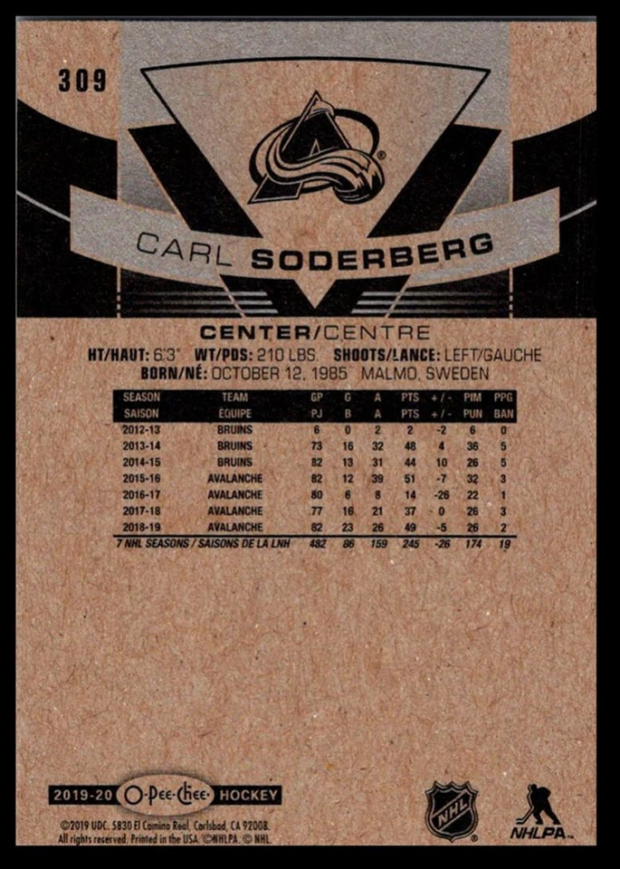 2019-20 O-Pee-Chee Carl Soderberg Colorado Avalanche #309 - Image 2 of 2