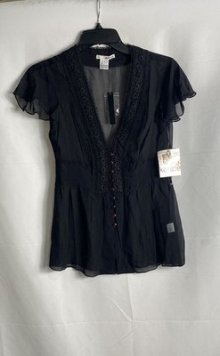 Kenzie Women's Black 100% Silk Lace Trim Short Sleeve Blouse Shirt Sz 4 NWT
