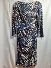 LRL RALPH LAUREN Faux Wrap Ruched Jersey Dress Sz 8 Multi Geo Business Casual