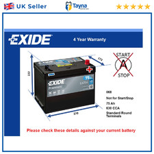 Car Battery EA754 Exide 068 630A 75Ah 4Yr Warranty 270x173x222 Premium