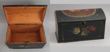 Sm 19thC Antique Wood Box Pin Hinge Original Folk Art Floral Paint Decoration NR
