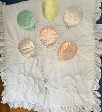 VTG Satin Baby Crib Blanket Pastel Balloons  Bows Ruffled Quilt Thick 34  x44  