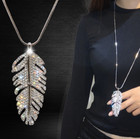 New Women Feather Leaf Crystal Pendant Chain Sweater Necklace 30" Jewelry Gift