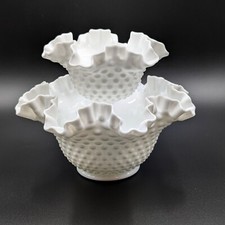 Vintage Fenton White Hobnail 2 Pieces Ruffled Crimped Edge Compote Bowl White