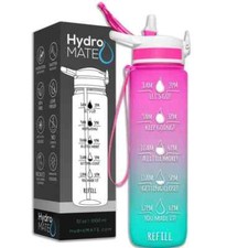 HydroMATE 32 Oz Water Bottle With Straw Pink/Mint Motivational Level Markers