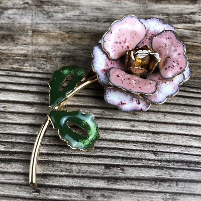 Vintage Floral Flower White Pink Red Green Enamel Brooch Pin  display picture 3