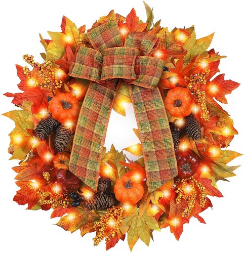 Acción de Gracias 24"" Corona Grande Prelit 30 LED Inalámbrica Otoño Vacaciones Decoración - Imagen 3 de 11