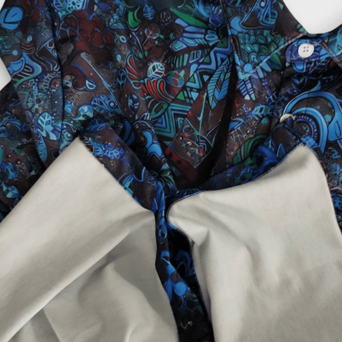 Mens Large Shirt Button Down Blue Brown Monkeys Floral Long Sleeve Polyester - Picture 8 of 11