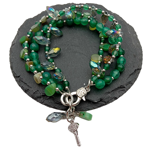 3 Rows Green Agate Crystal Beaded Cz Pave Key Charm Bracelet 8" - Picture 5 of 6