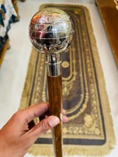 Antique Brass Globe Designer Walking Cane Wooden Walking Stick Head Handle Gift