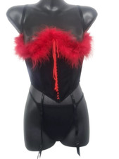 Ladies Sexy Marabou Cupless Basque And G-String Set