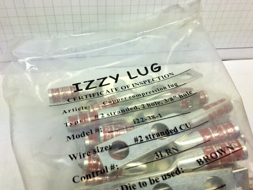 Izzy i22-38-1, #2 AWG Lug, Two 3/8" Holes, 1" Spacing, Long Barrel, Ins- 50 pcs - Picture 3 of 6