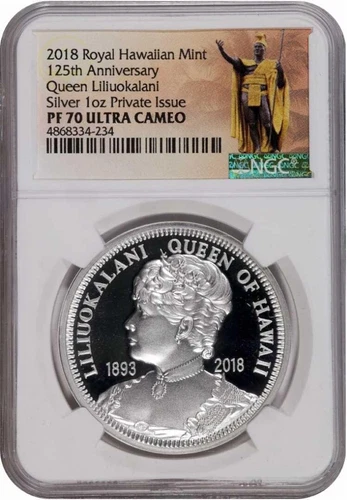 2018  ROYAL HAWAIIAN MINT "QUEEN LILIUOKALANI,"  NGC CERTIFIED PF70 ULTRA CAMEO