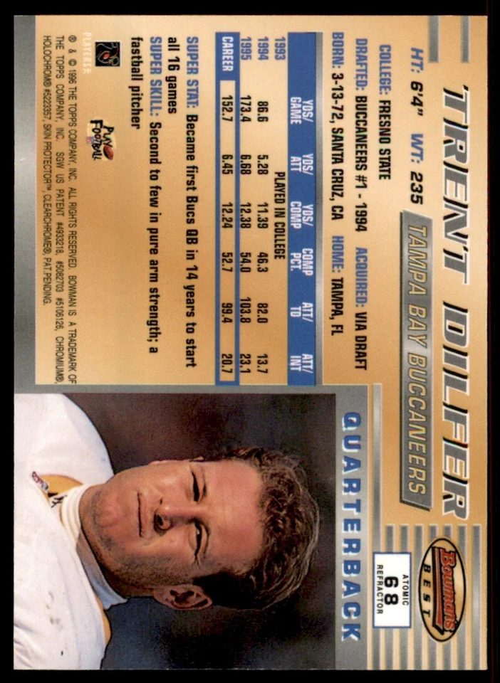 1996 Bowman's Best Atomic Refractors Trent Dilfer Bucs #68 *Noles2148* - Image 2 of 2