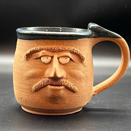 Vintage Handmade Funny Face Pottery Mug With Mustache Signed Father Day Gift 